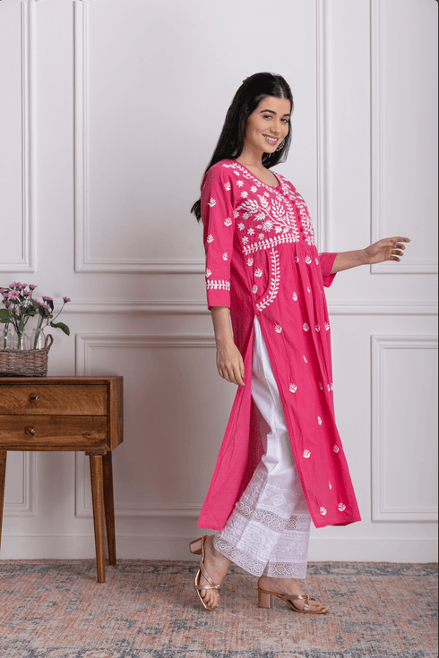 Fizaa Chikankari Kurti for Women With Pocket - Pink